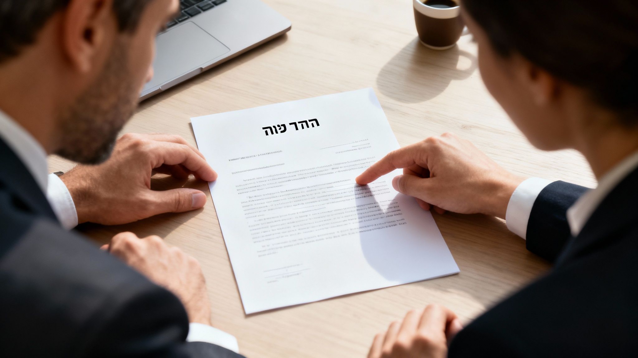 שני אנשי עסקים יושבים ליד שולחן ובוחנים מסמך בעל טקסט עברי, ייתכן הסכם.