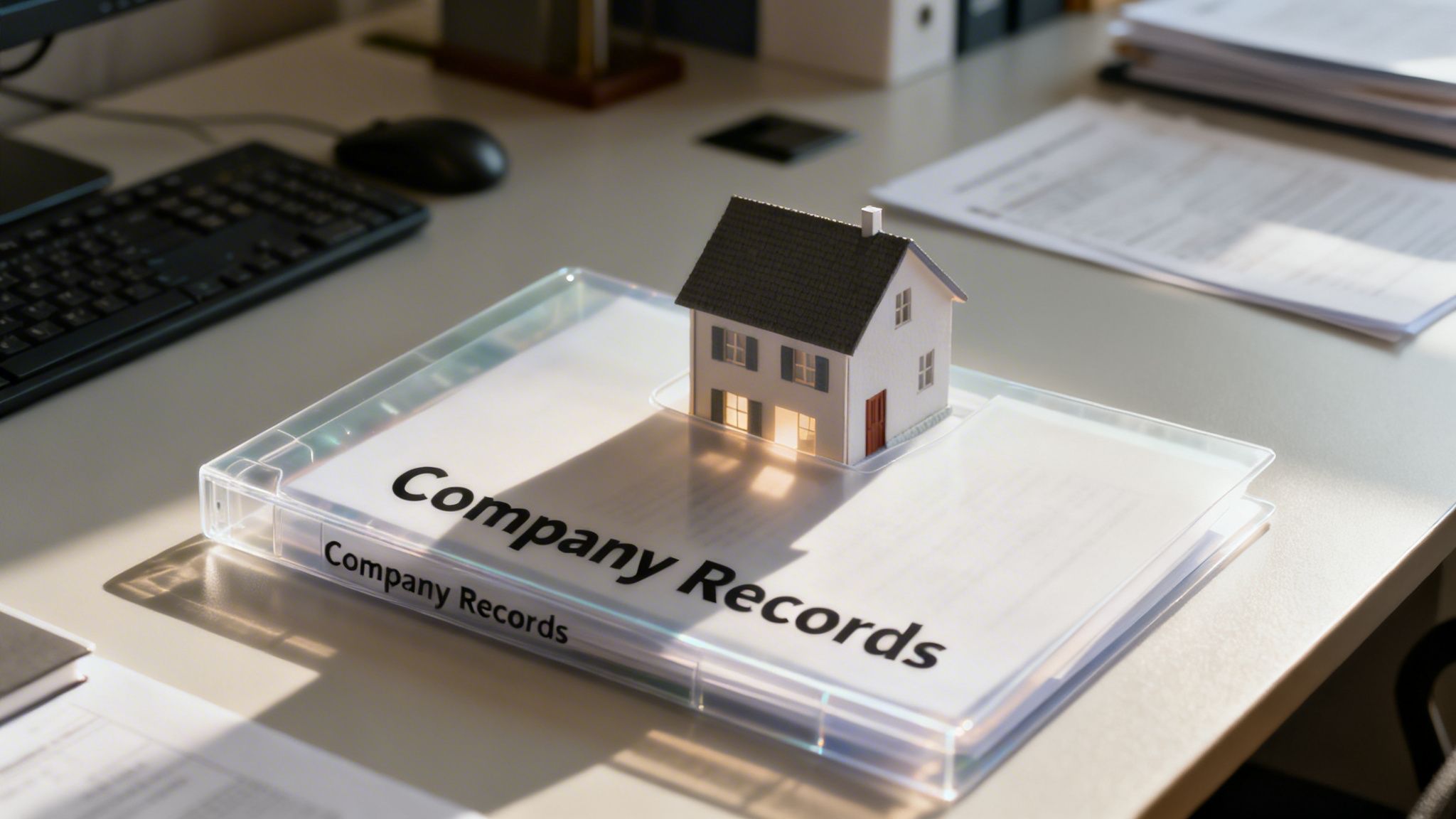 A miniature house model is placed on a clear "Company Records" folder on a sunlit office desk.