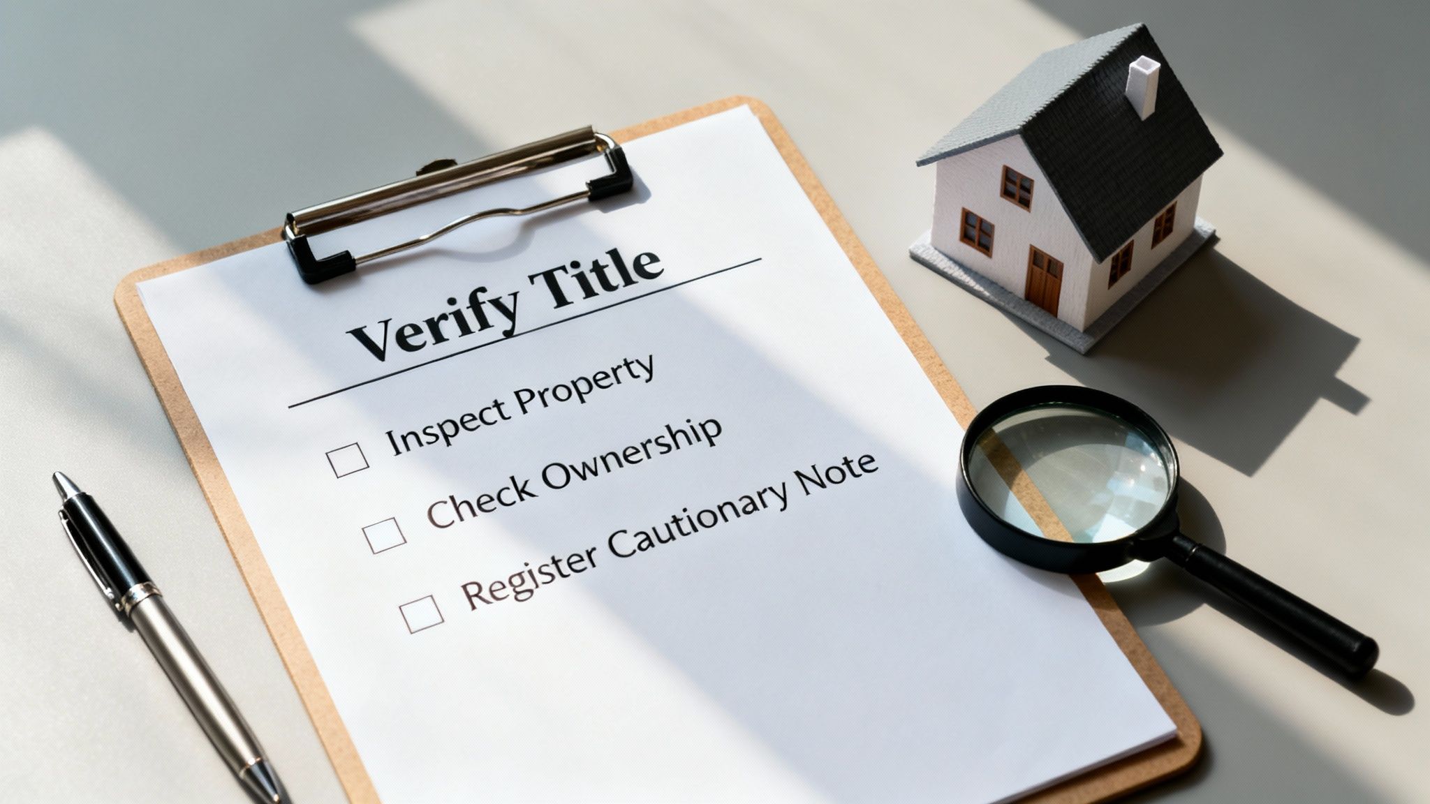 A checklist titled 'Verify Title' with a miniature house model, magnifying glass, and pen.