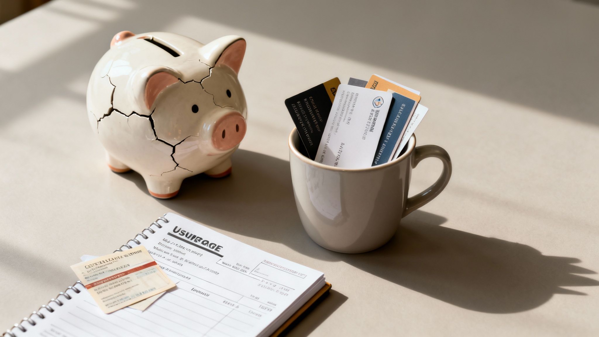 A cracked piggy bank, a mug filled with credit cards, and an open notebook on a desk.