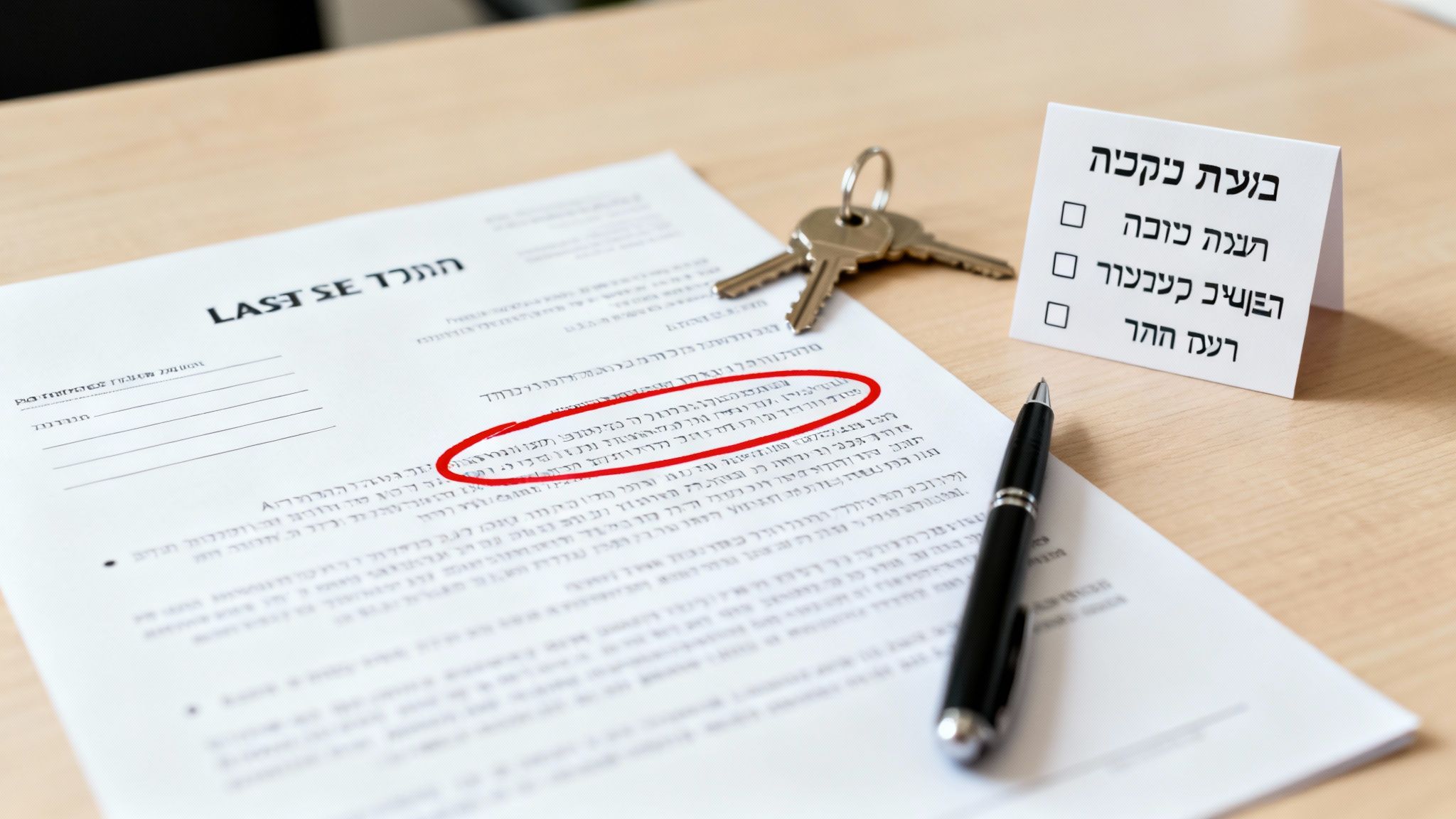 חוזה שכירות או רכישה, מפתחות לבית, עט וכרטיס בדיקה מונחים על שולחן עץ בהיר. חלק מהמסמך מודגש באדום.