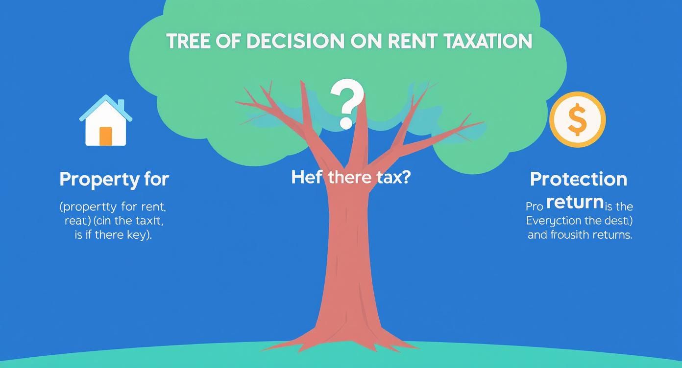 עץ החלטה בנושא מיסוי שכירות, עם אייקונים של נכס, שאלה וכסף הממחישים תהליך.