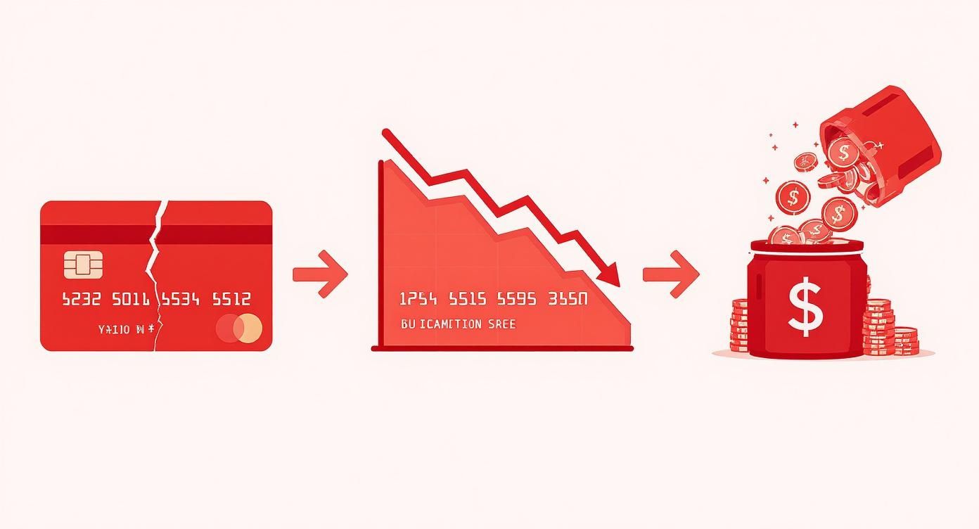 איור המציג כרטיס אשראי שבור, גרף יורד, וקופת חיסכון מלאה בכסף, המסמל הפחתת חובות וחיסכון.