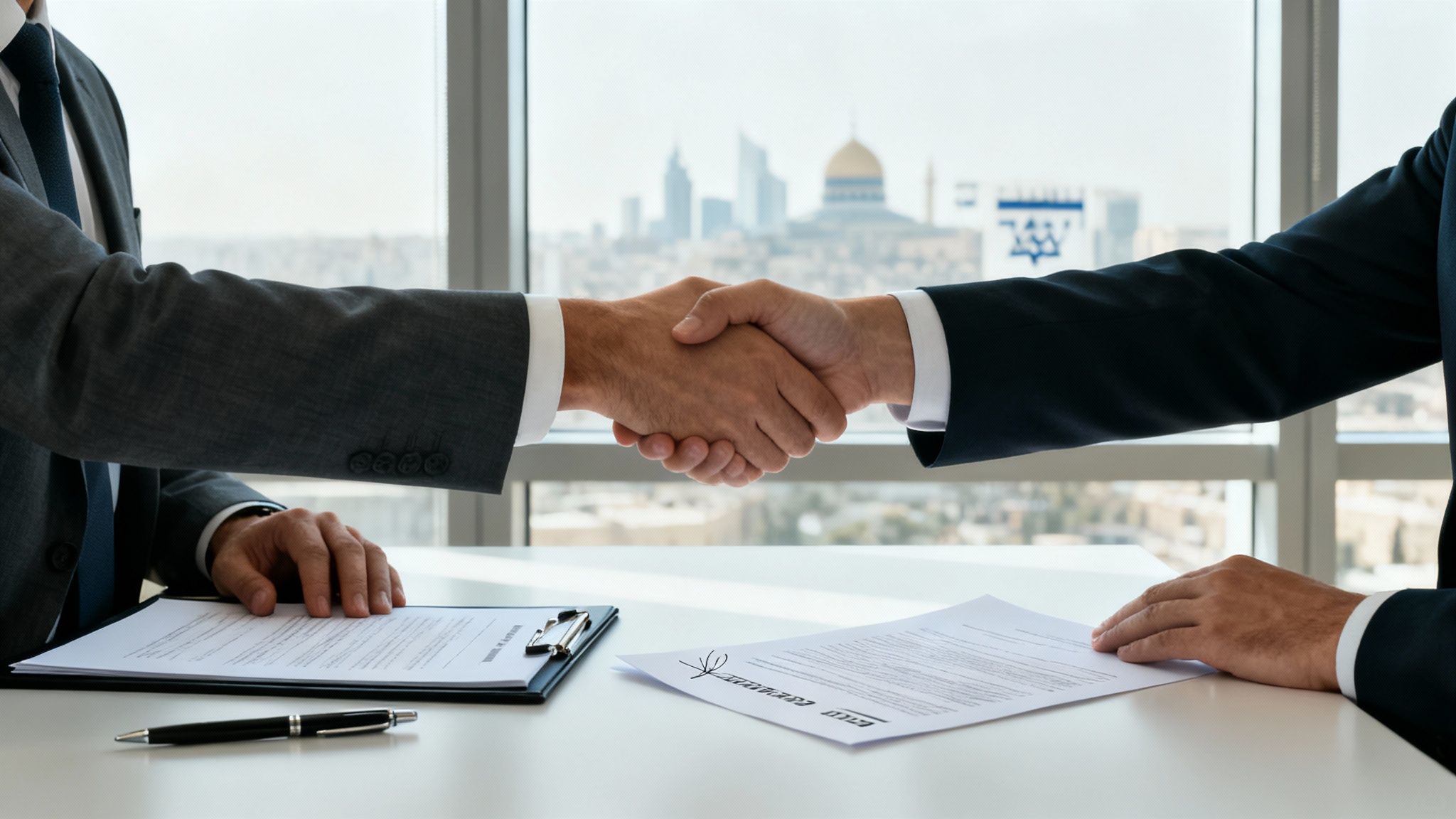 Two businessmen shaking hands across a table with contracts, symbolizing a successful agreement or deal.