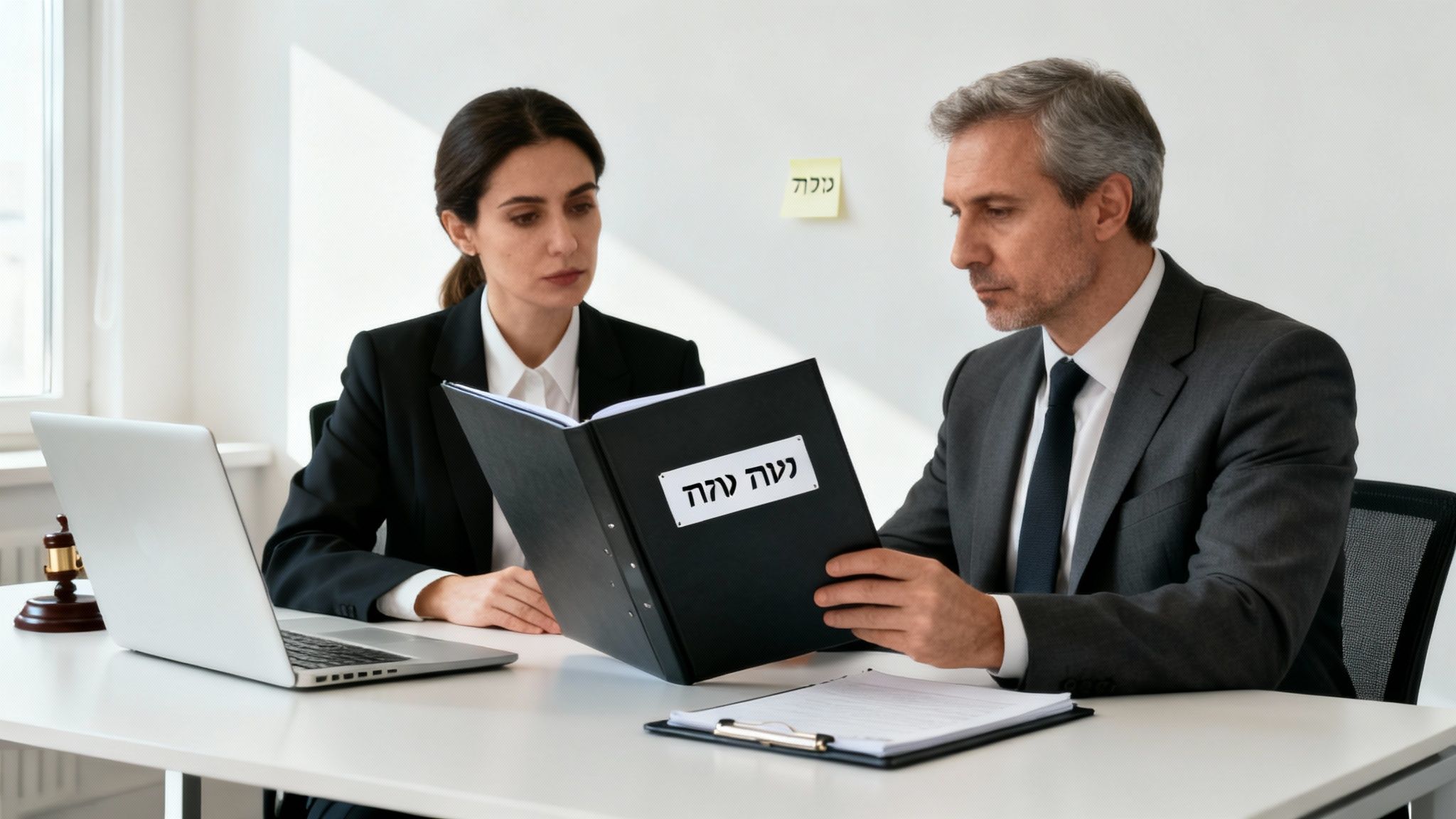 שני אנשי מקצוע בוחנים מסמכים בתיקייה במשרד מודרני, עם מחשב נייד ופטיש שופט על השולחן.