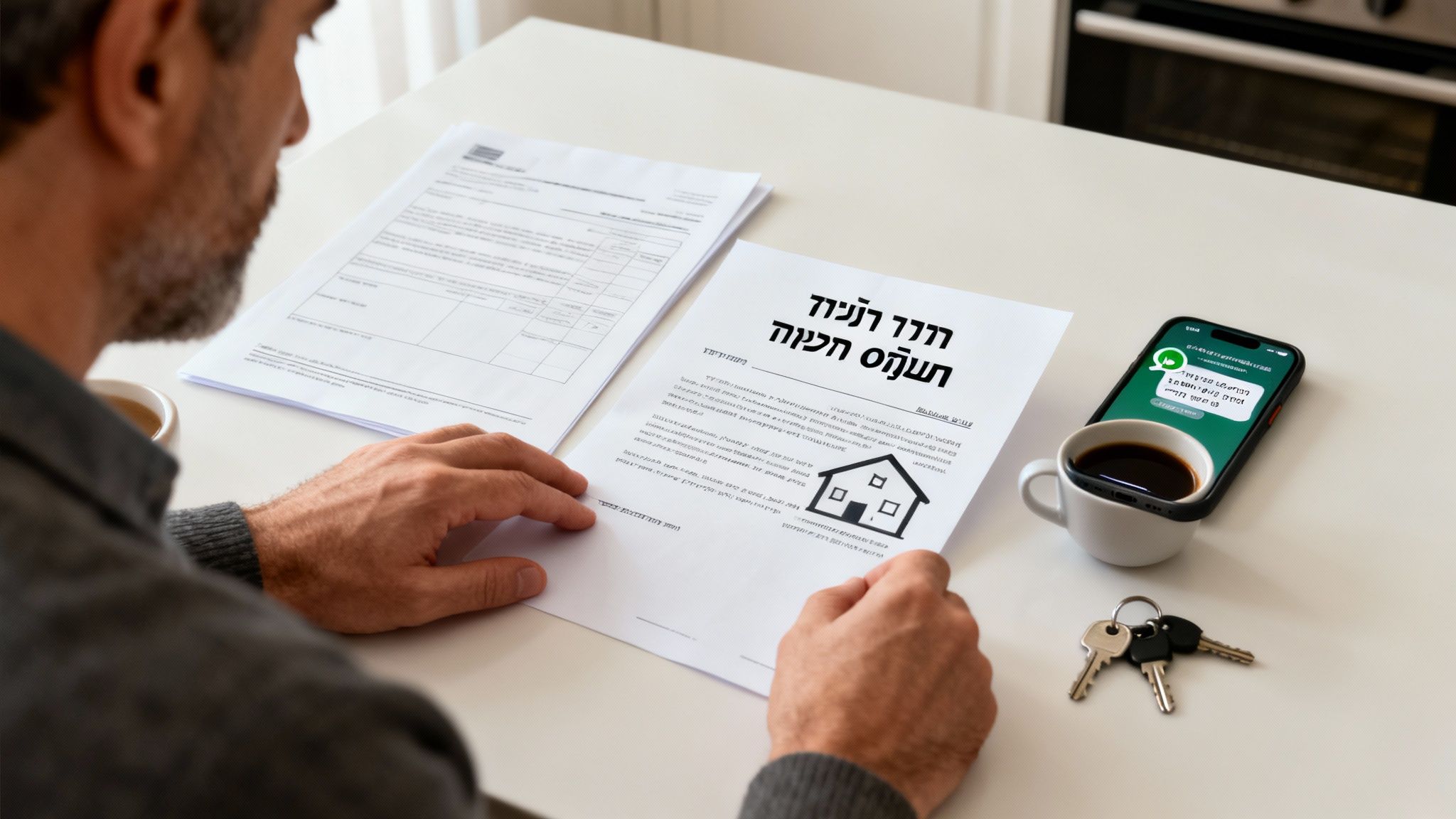 גבר בוחן מסמכי נכס עם מפתחות, טלפון וקפה על השולחן.