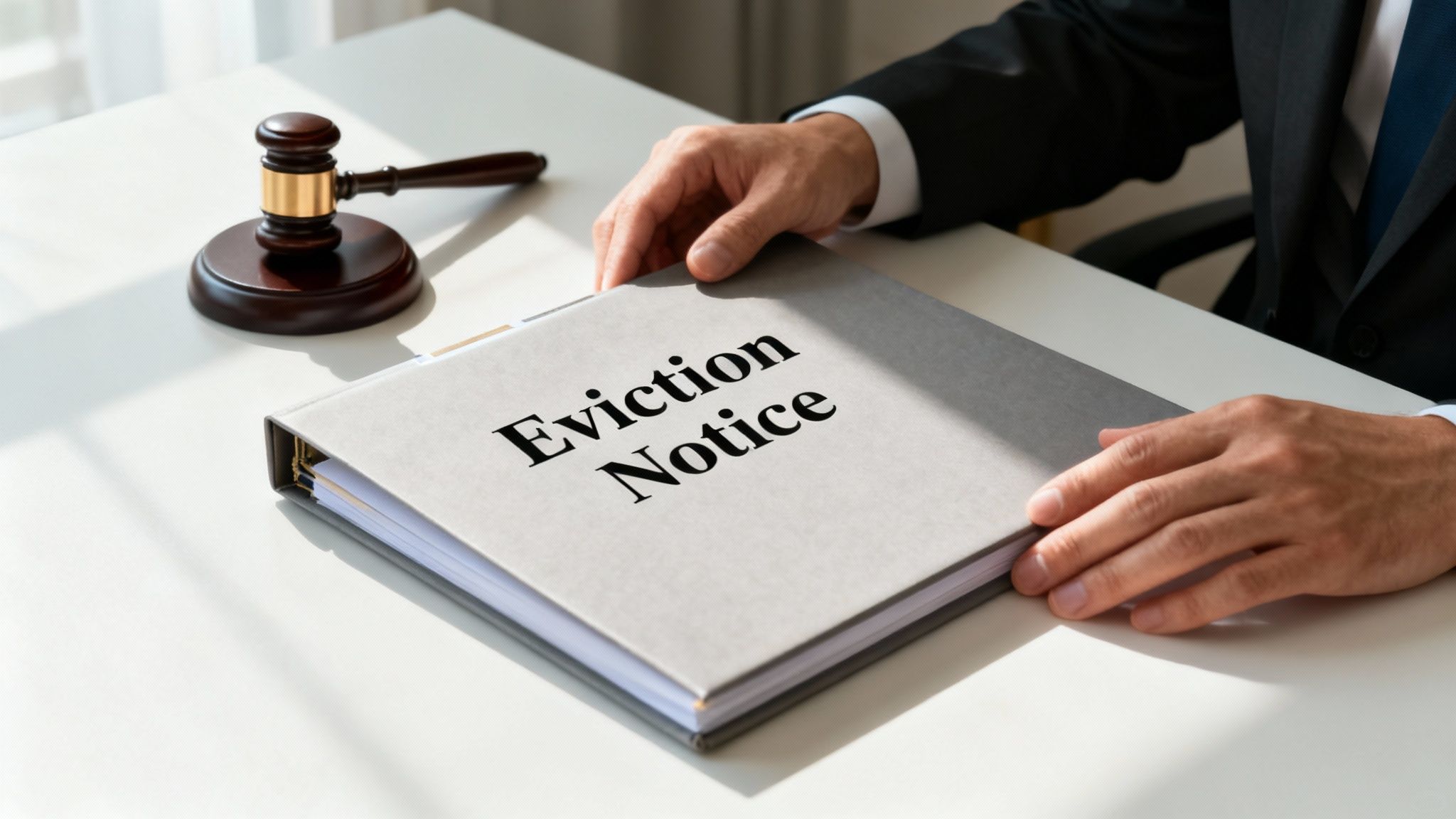 A lawyer's hands on an "Eviction Notice" binder with a gavel on a white desk.