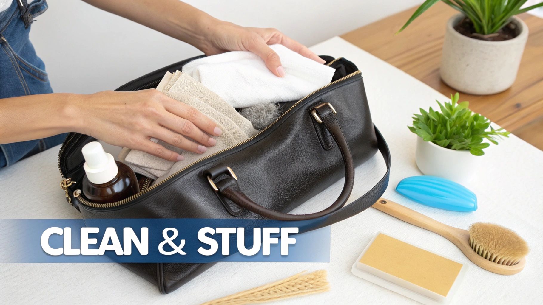 A person is putting clean cloths and a spray bottle into a black handbag, with personal care items nearby.