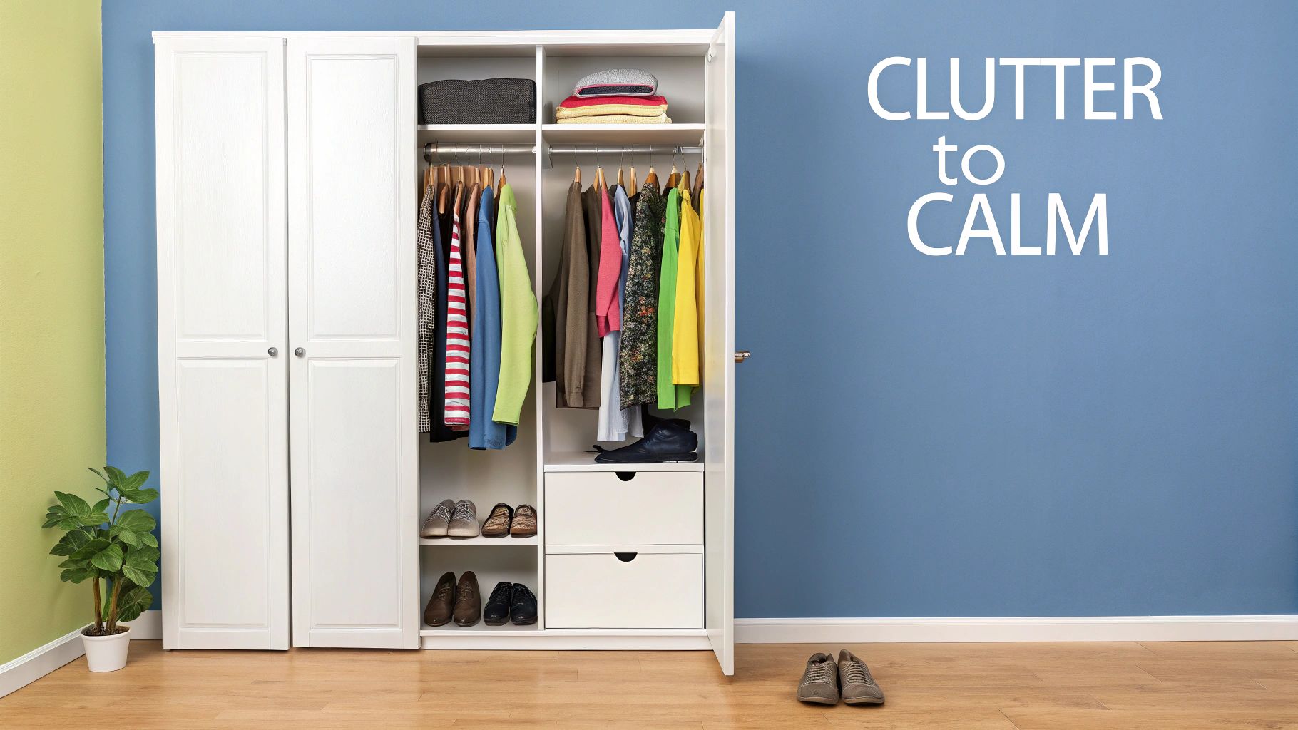 A well-organized DIY closet with white shelves, hanging clothes, and neatly arranged storage bins.