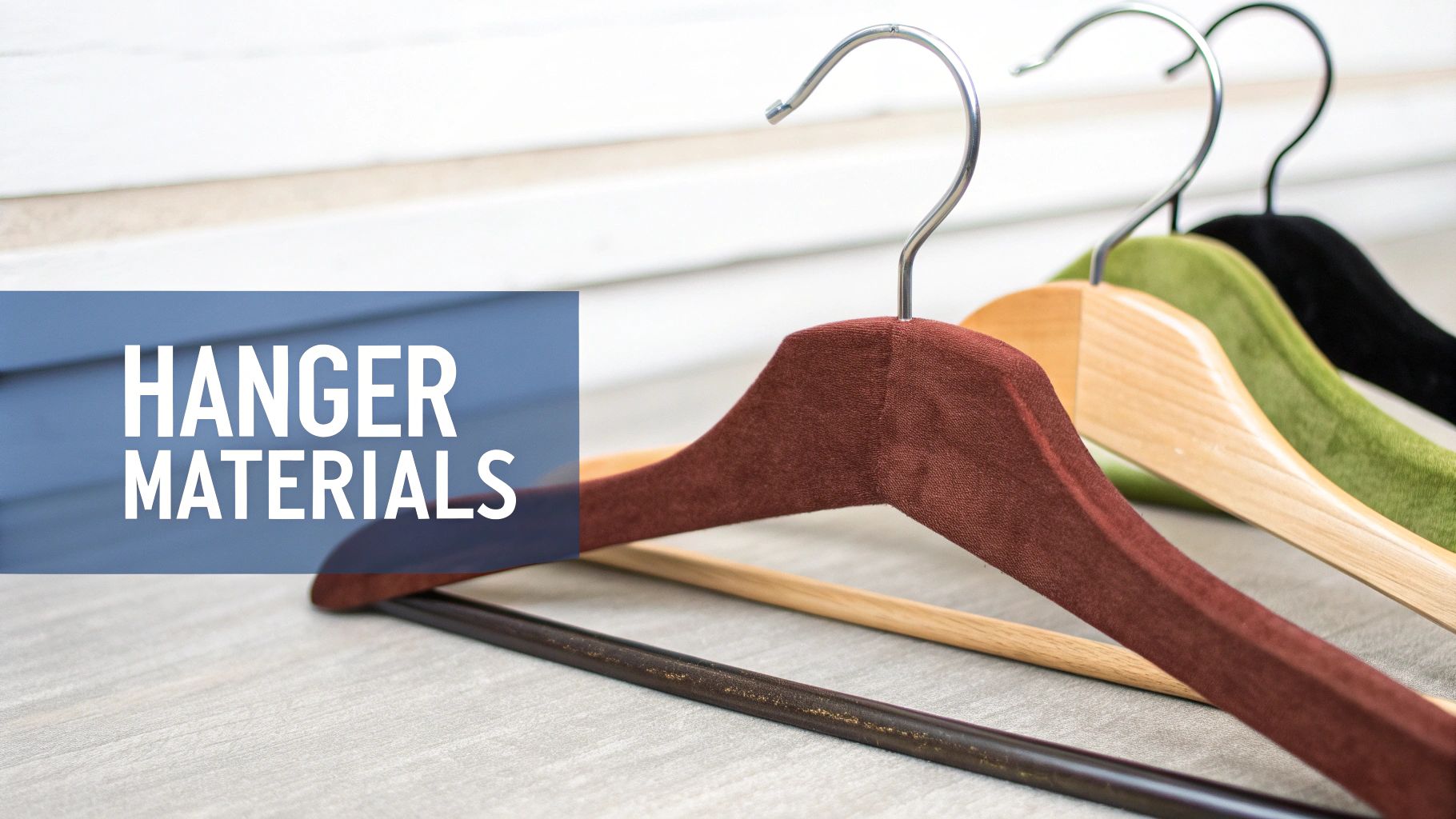 A row of various clothing hangers featuring velvet, wooden, and metal materials, with text 'HANGER MATERIALS'.