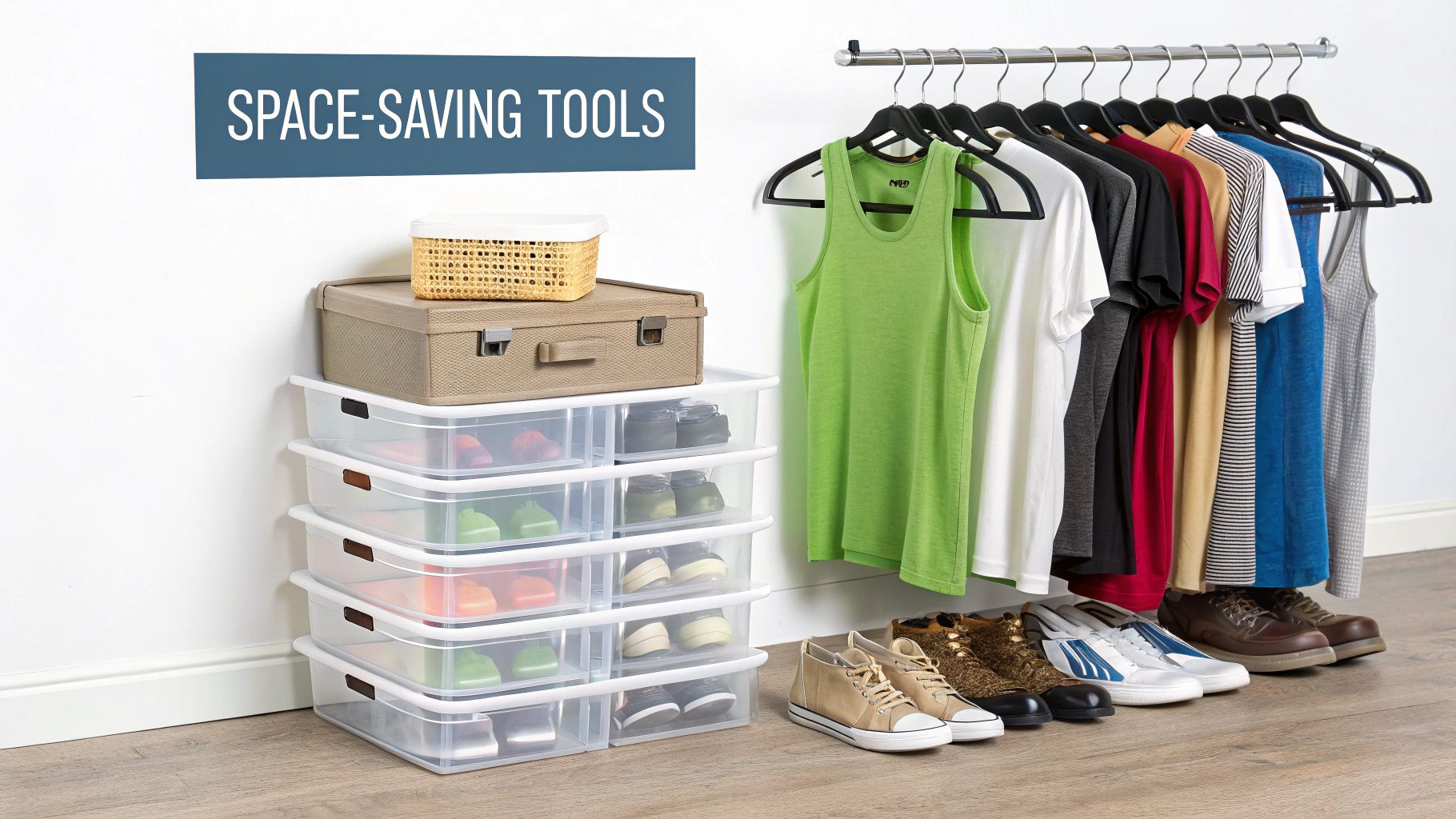 A clean closet showing stacked clear shoe boxes, a fabric storage box, and hanging clothes.