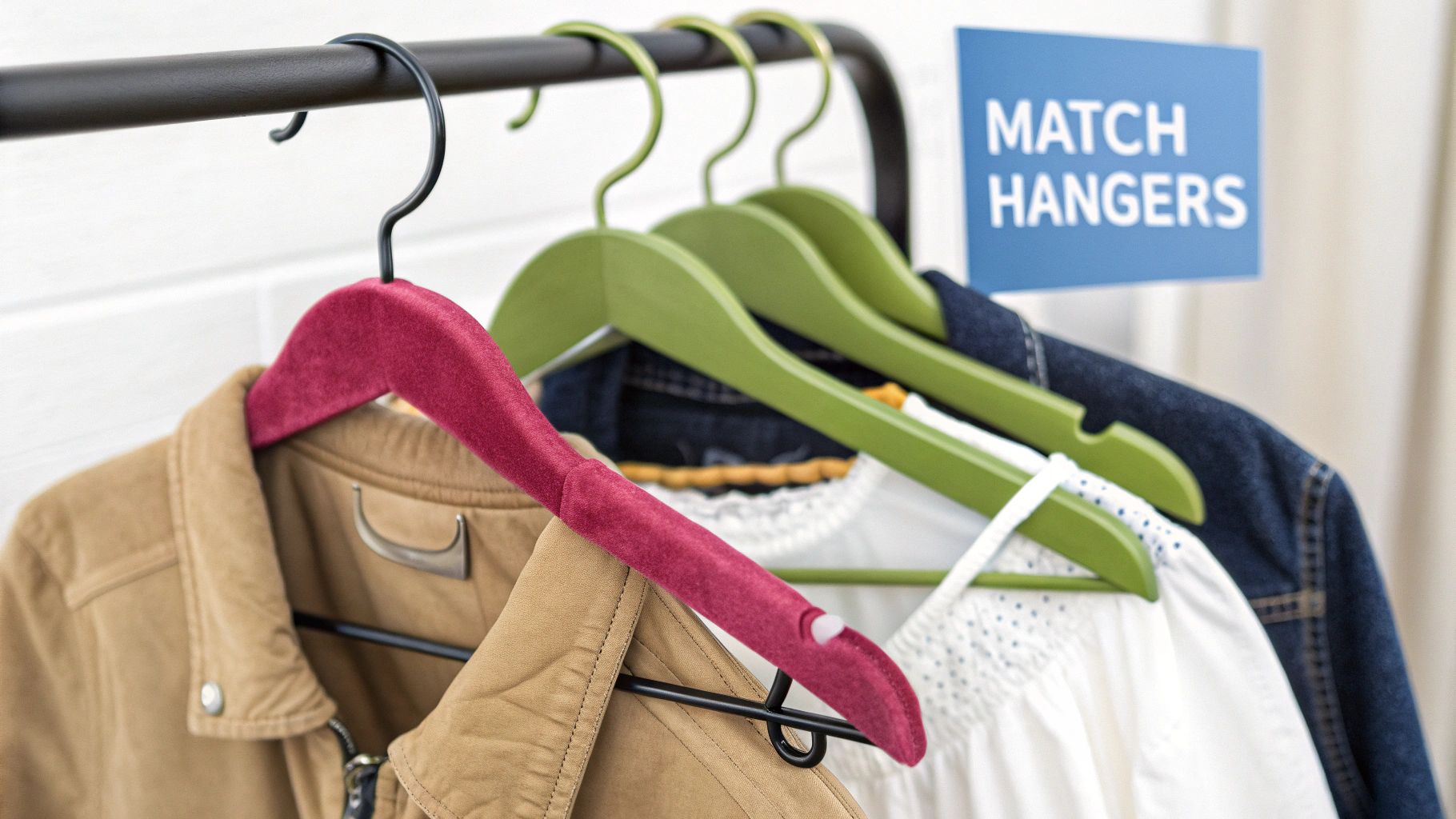 A black clothing rack displays a red velvet hanger with a brown jacket and green wooden hangers.