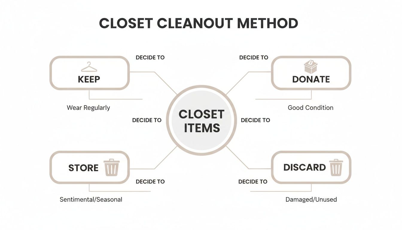 A flowchart titled 'Closet Cleanout Method' detailing how to sort closet items into keep, donate, store, or discard categories.