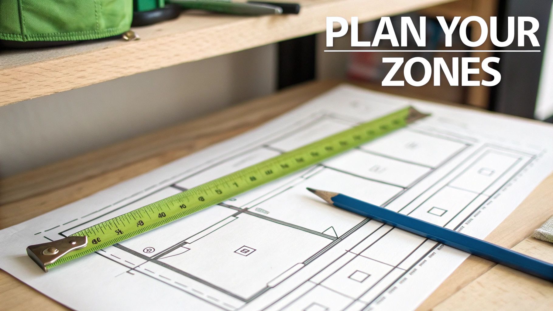 A measuring tape and a blue pencil lie on architectural floor plans on a wooden desk.