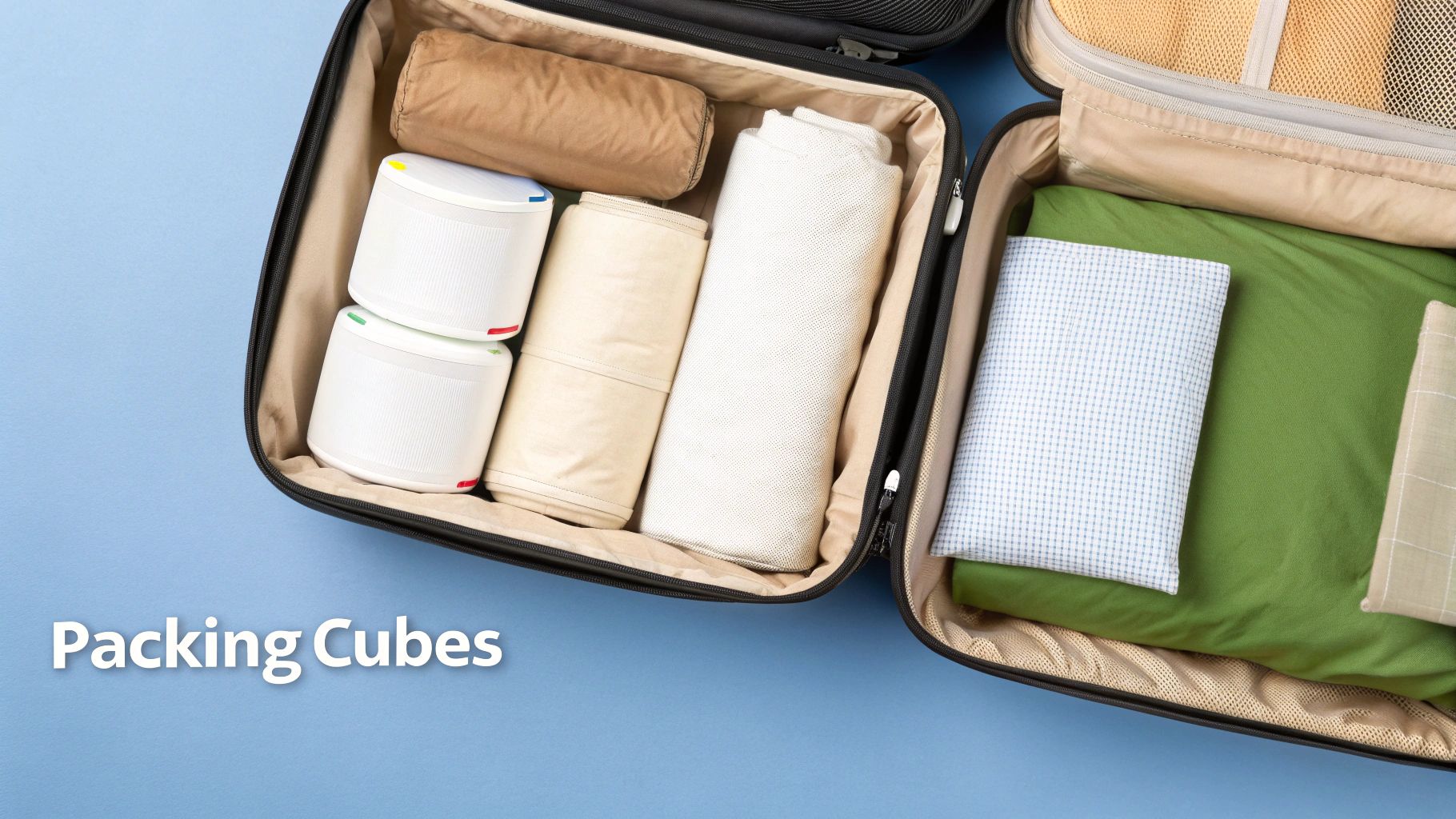Open suitcases with organized packing cubes containing neatly folded clothes and travel items