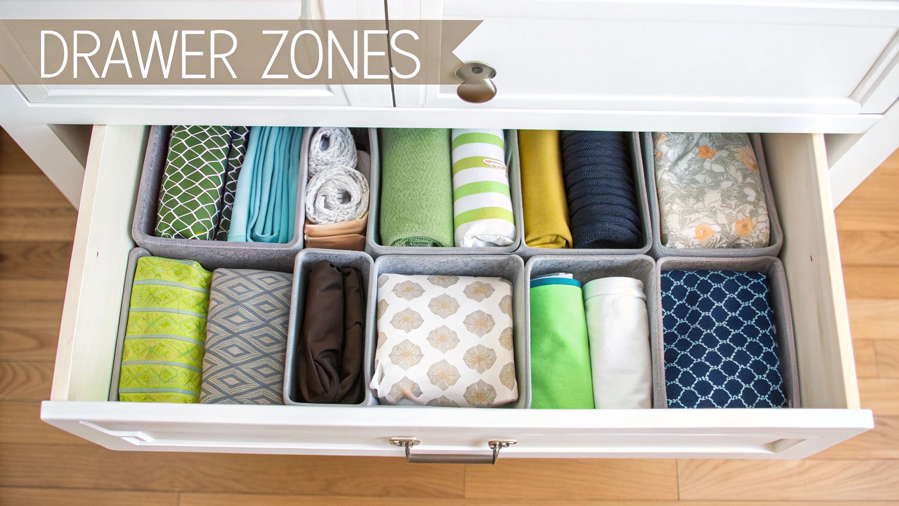 An open white drawer showcasing neatly organized, colorful folded fabrics in gray drawer dividers.