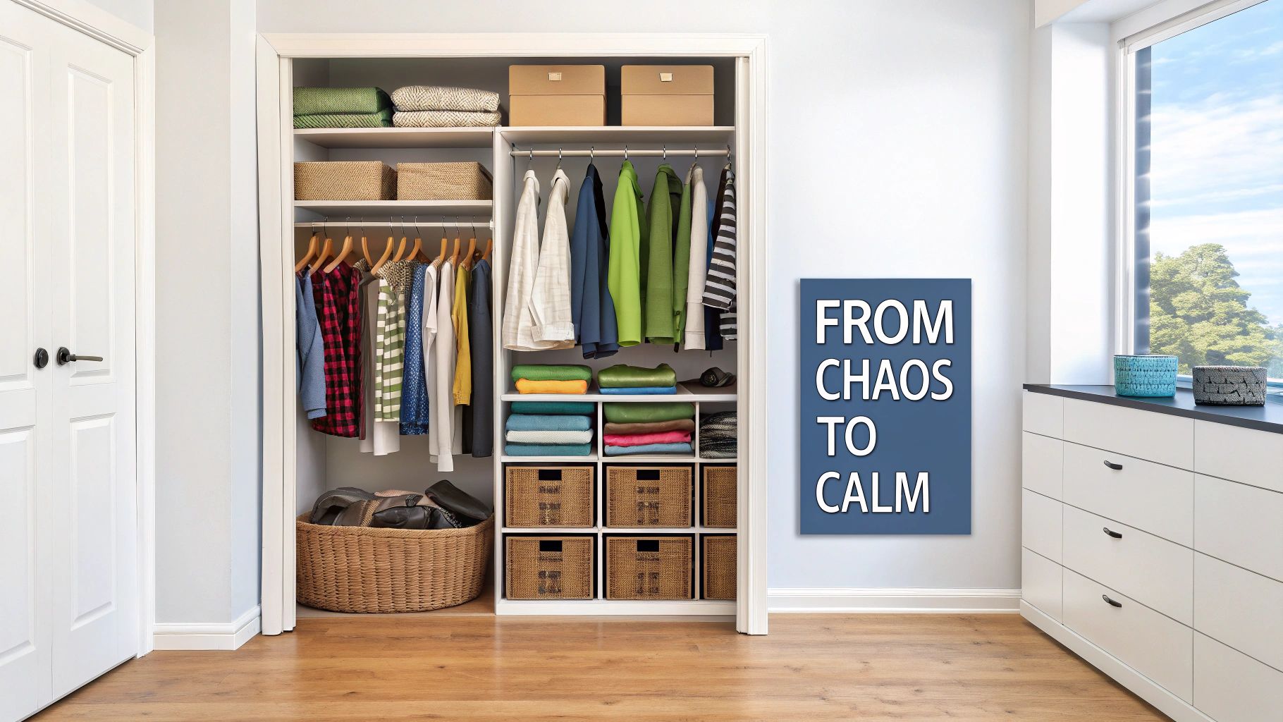 A beautifully organized closet with clothes neatly hung and folded on shelves, showcasing a DIY closet organizer system.