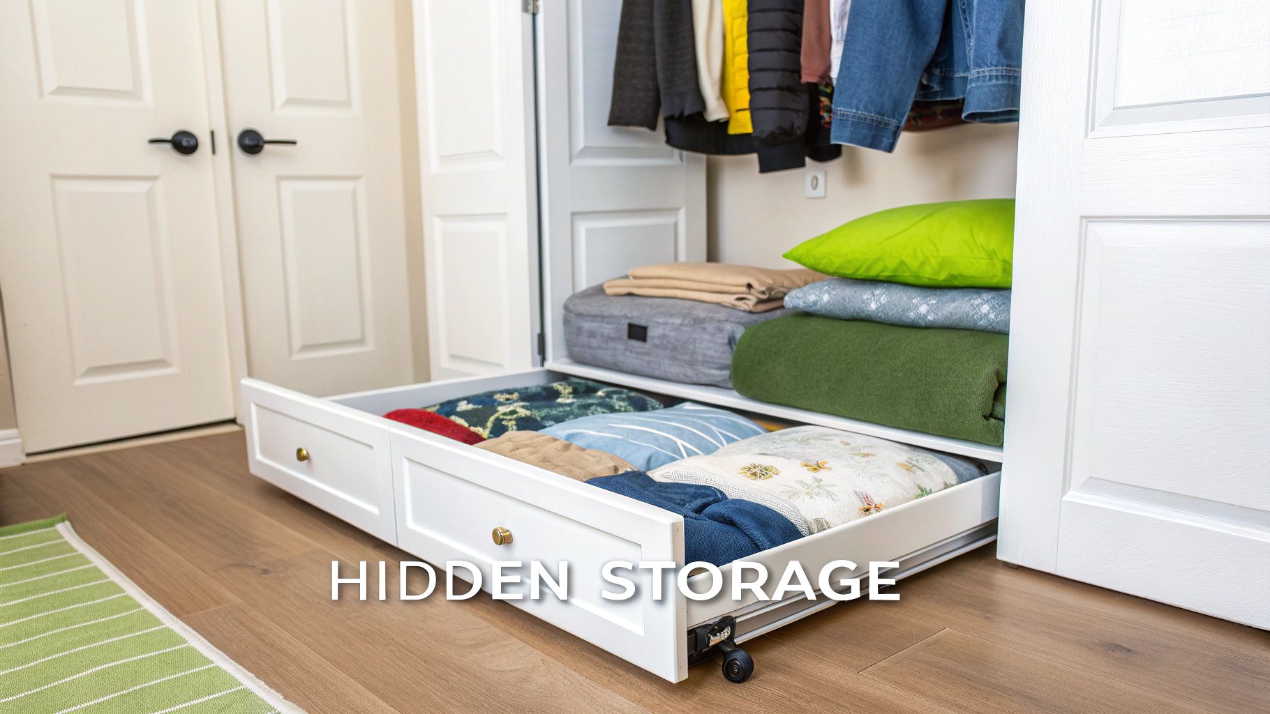 A neat under-bed storage drawer with wheels, showing folded clothes inside.