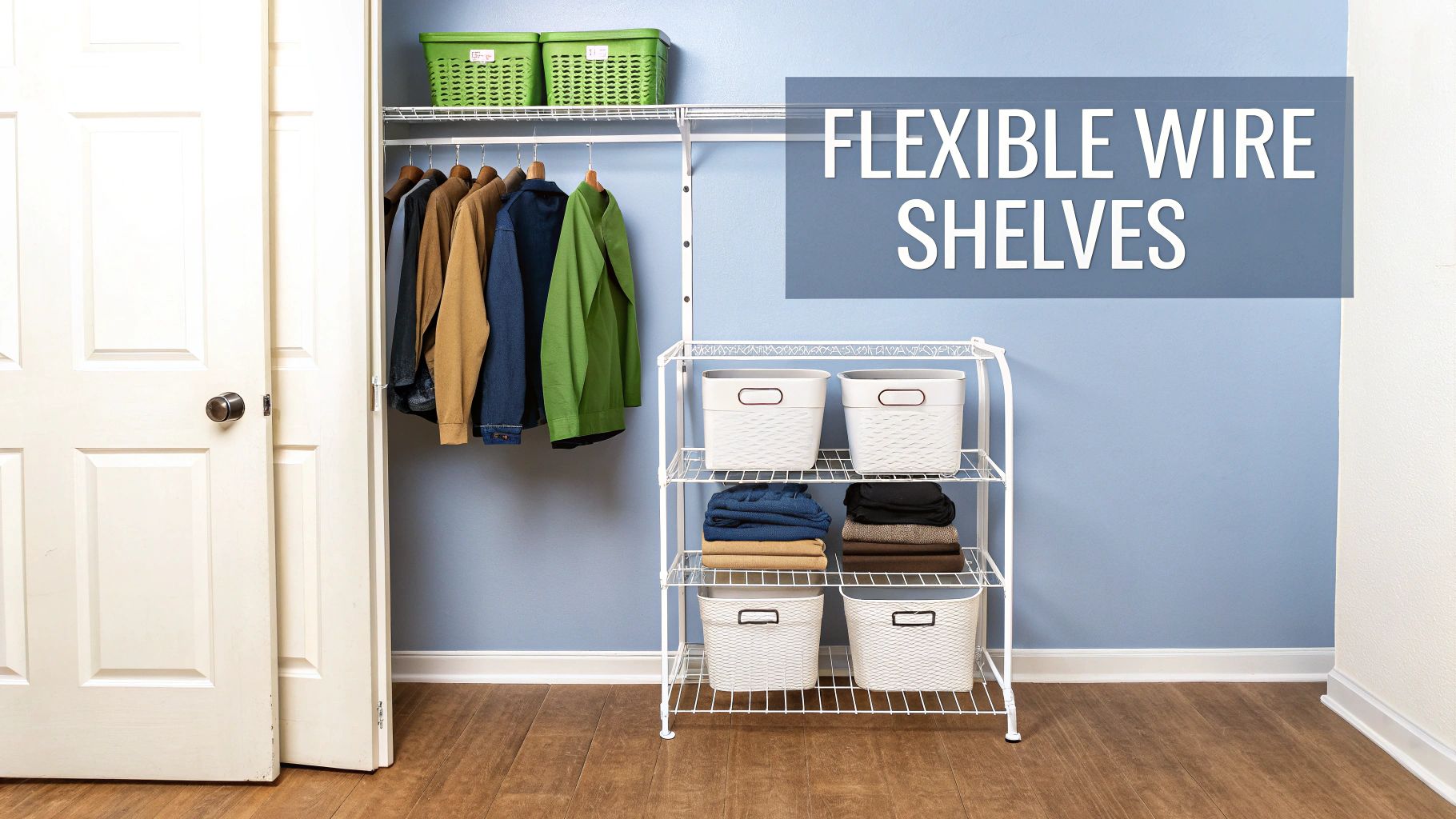 White flexible wire shelving unit with storage baskets and folded clothes next to organized closet