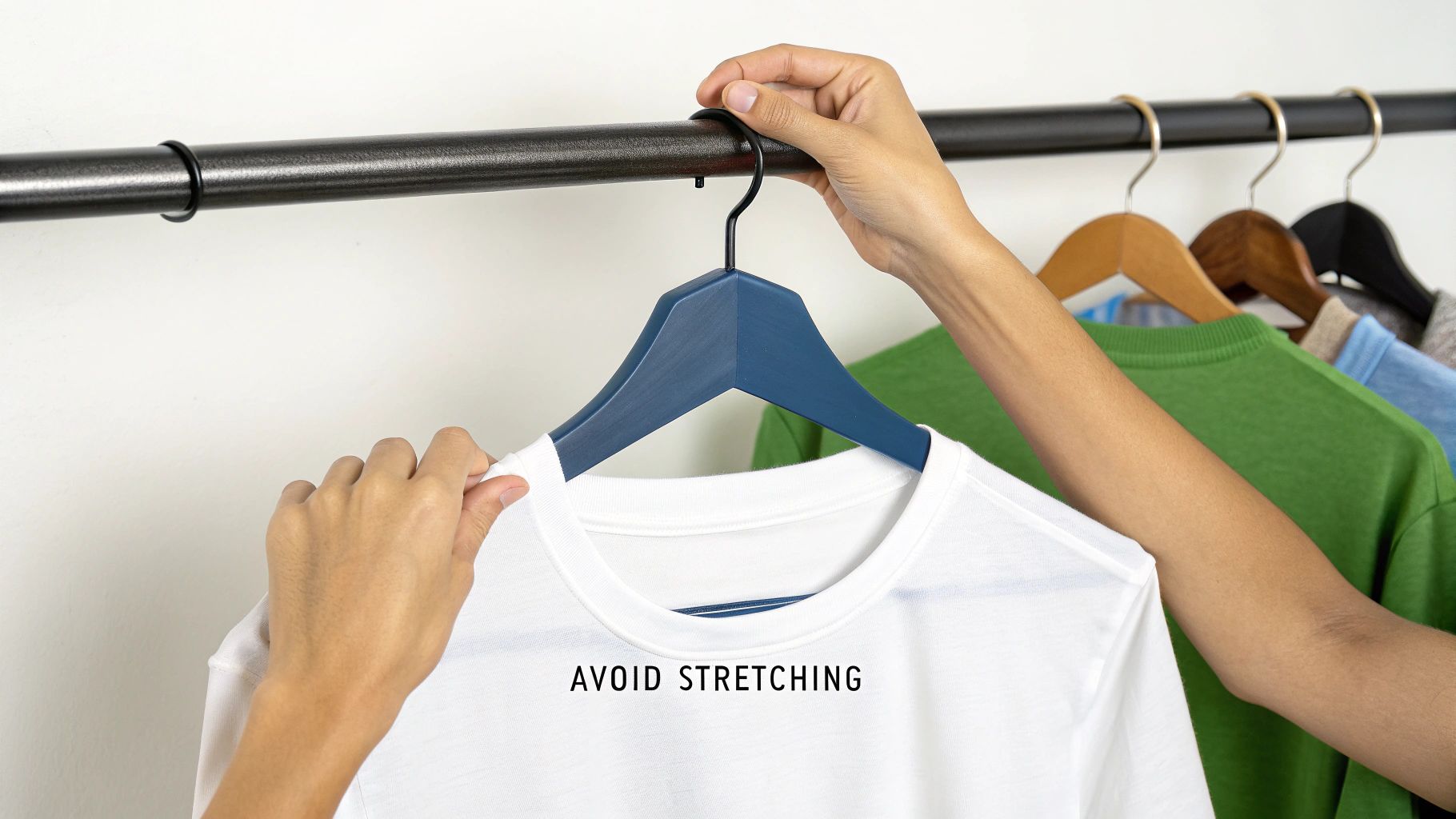 Hands carefully hanging a white t-shirt on a blue hanger on a clothes rack, with text 'AVOID STRETCHING'.