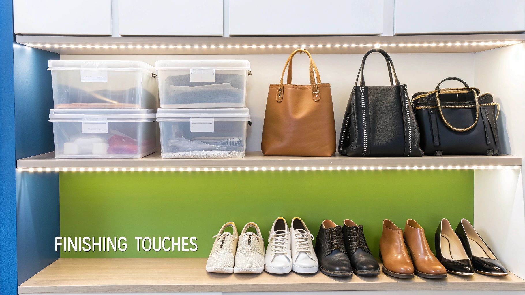 A well-organized closet shelf displaying clear storage bins, elegant handbags, and various pairs of shoes.