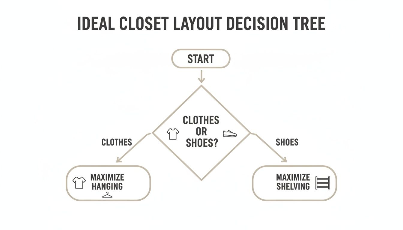 A decision tree flow chart illustrating ideal closet layout choices: maximize hanging for clothes or shelving for shoes.