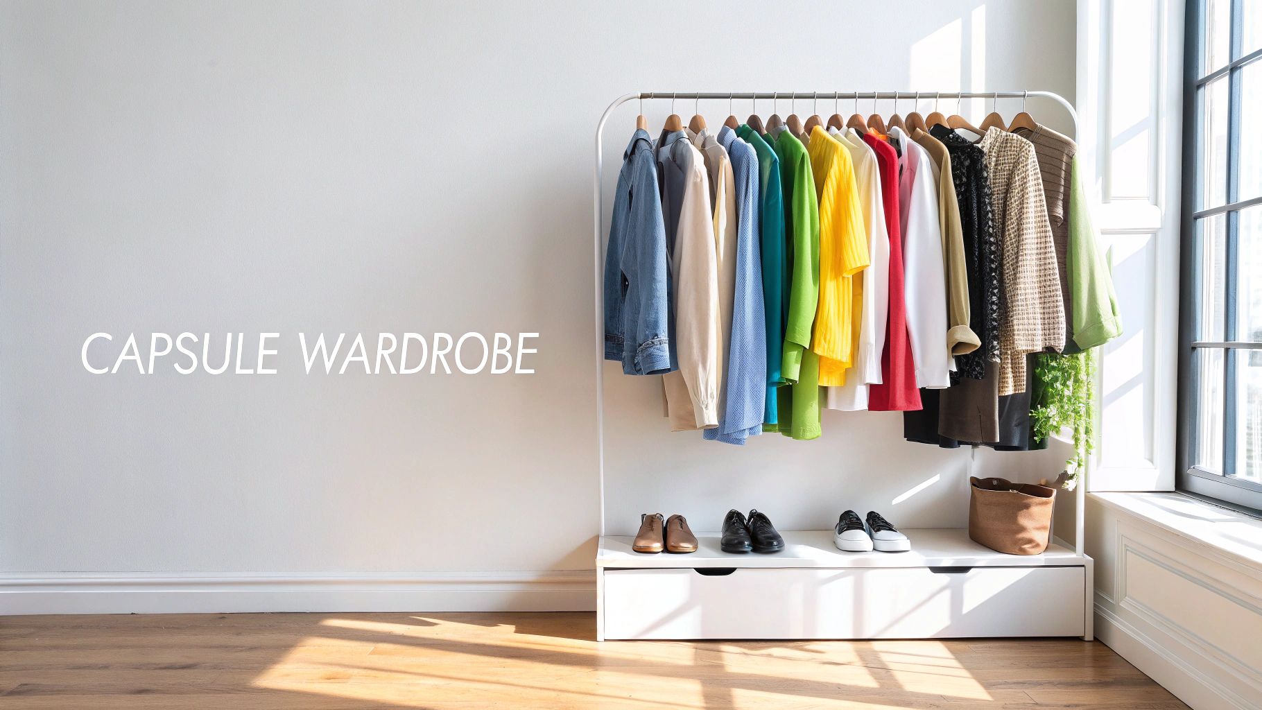 An organized capsule wardrobe featuring colorful clothes on a rack and multiple pairs of shoes.