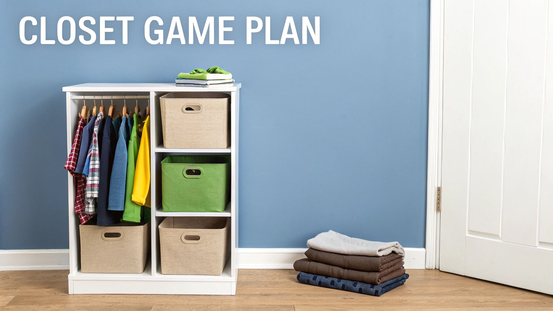 Person organizing clothes in a small closet with shelves.