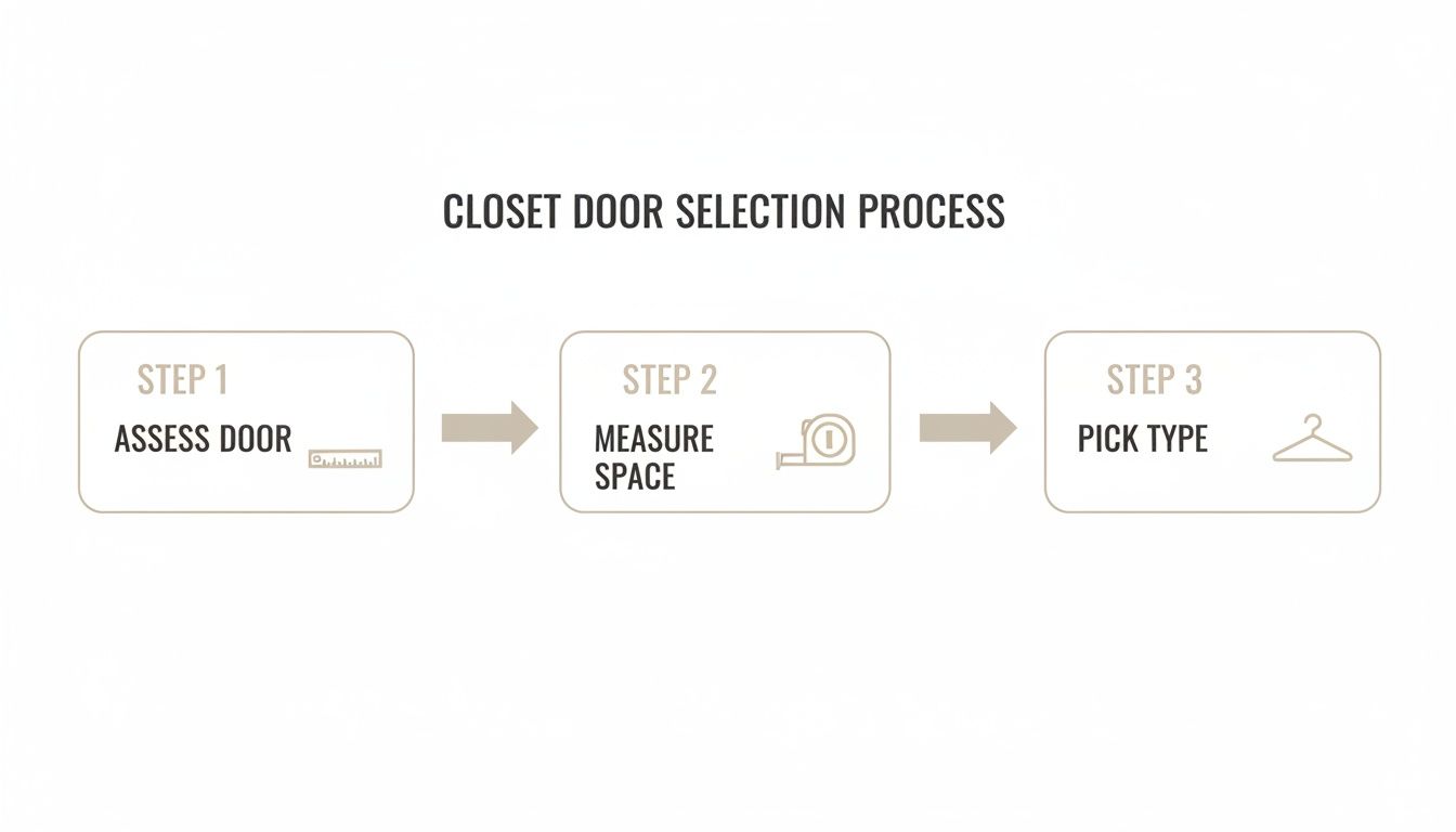 An infographic showing a three-step closet door selection process: assess door, measure space, and pick type.
