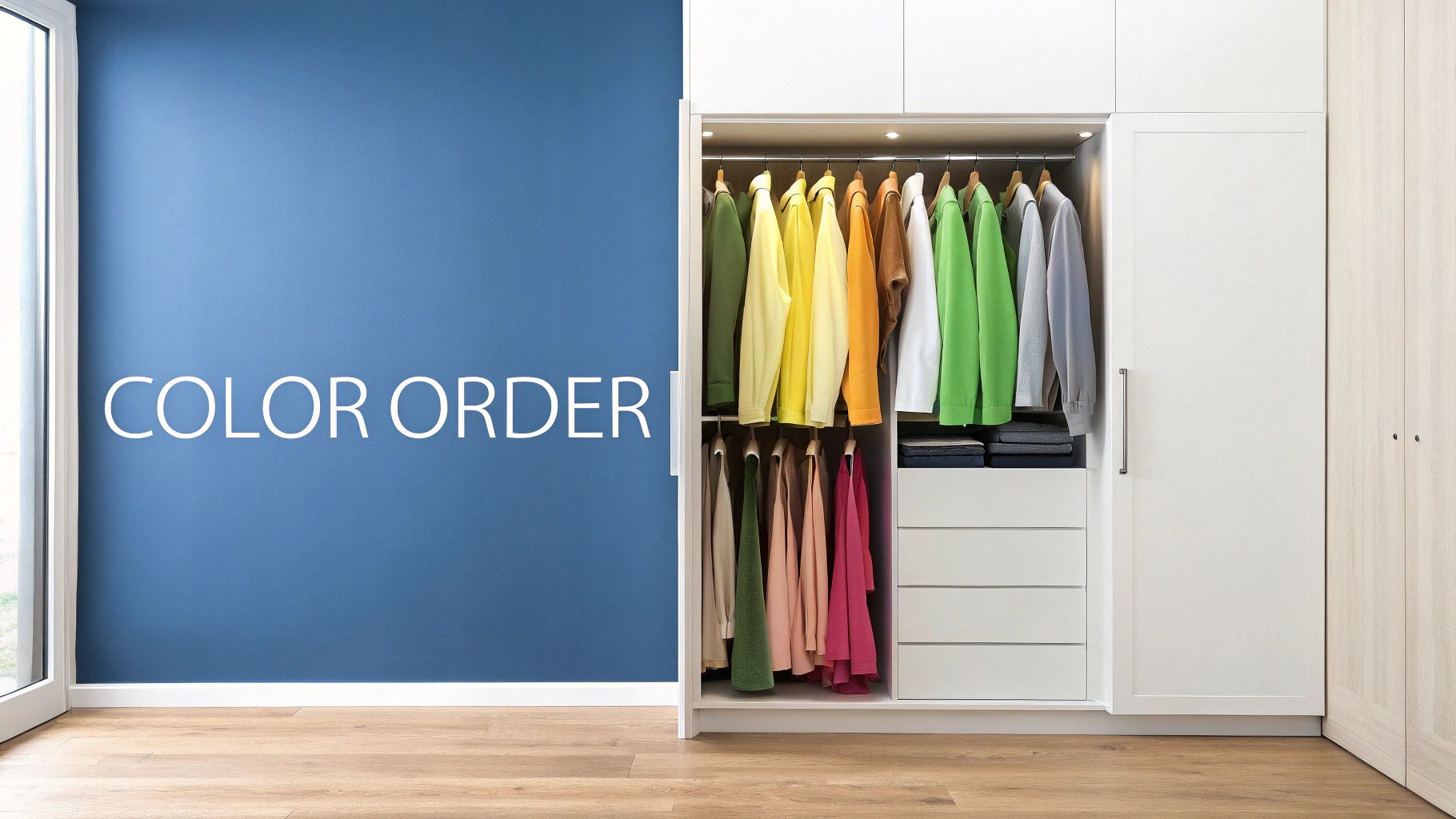 A modern closet with clothes organized by color, next to a blue wall with 'COLOR ORDER' text.