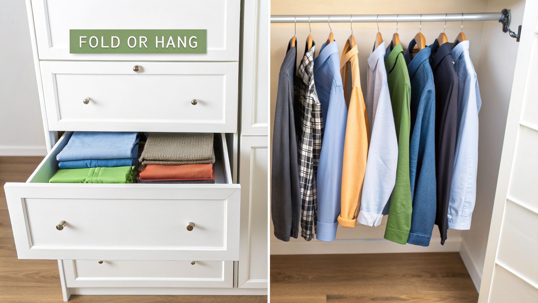 A neatly organized closet with both hanging and folded clothes