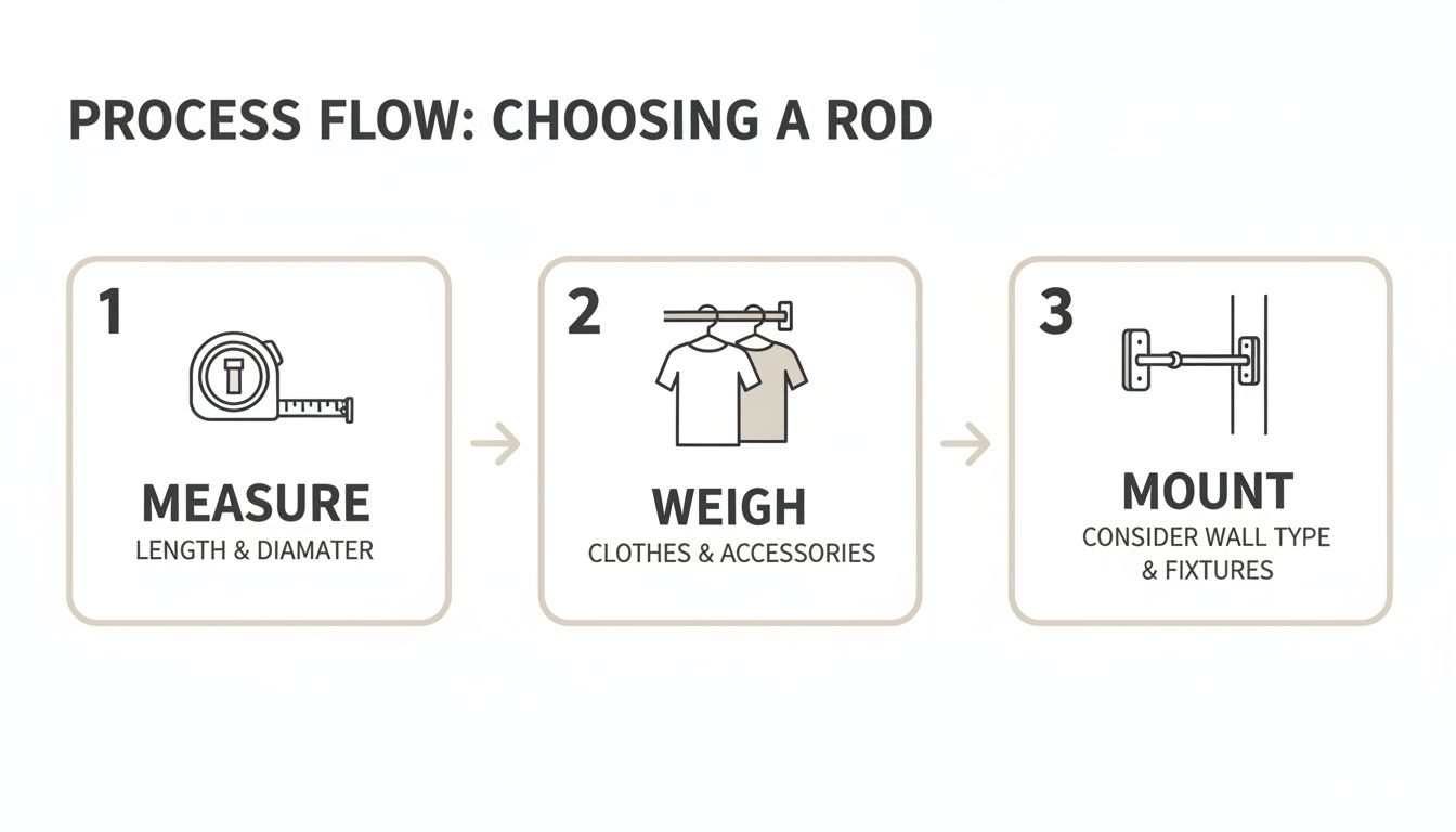 A three-step process flow illustrating how to choose and install a rod, covering measure, weigh, and mount.