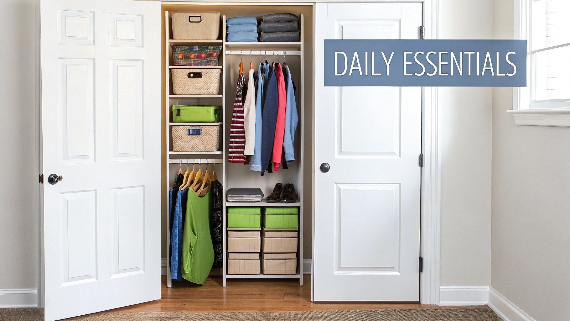 A well-organized white closet with open doors, featuring clothes, storage baskets, and shelves for daily essentials.