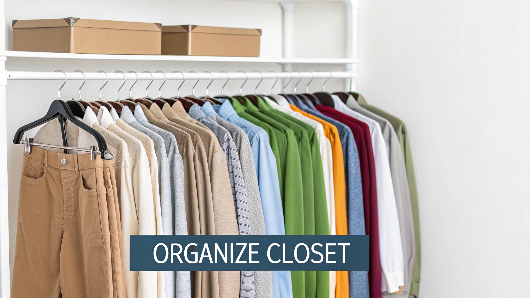 Well organized closet with trousers hanging.