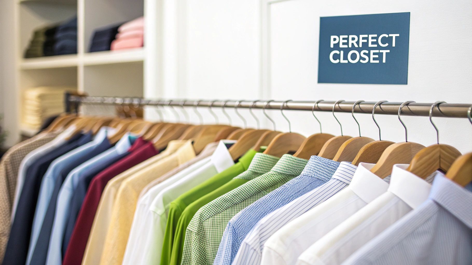 A row of colorful dress shirts on wooden hangers in a neat closet with a 'Perfect Closet' sign.