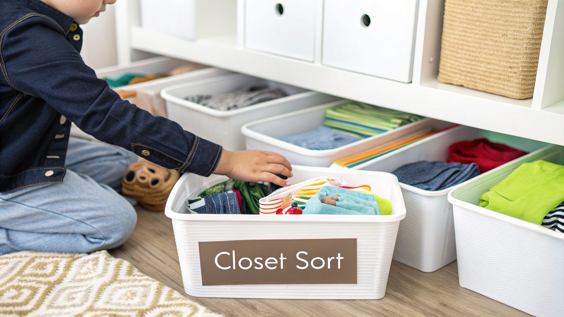 Child and parent happily sorting through a pile of clothes on the floor next to an organized closet