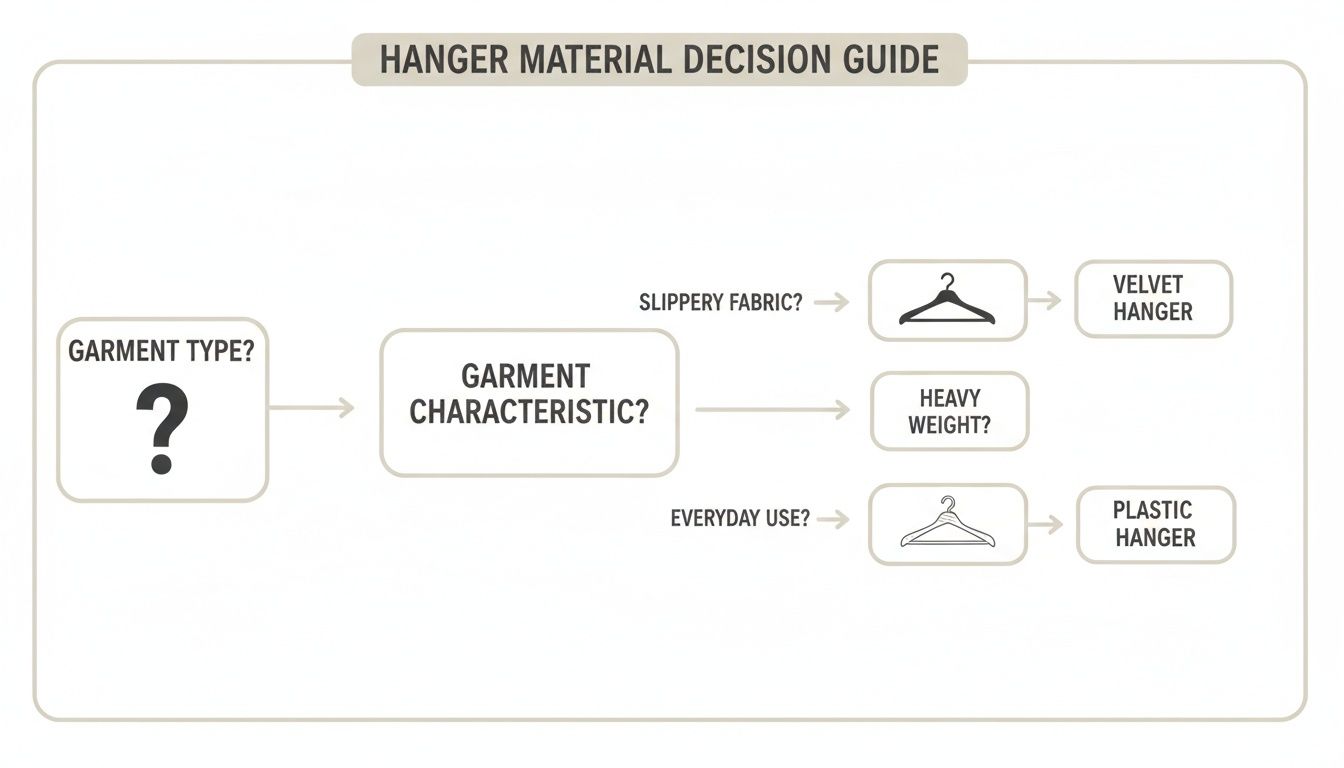 Flowchart decision guide for choosing hanger material based on garment type and characteristics.