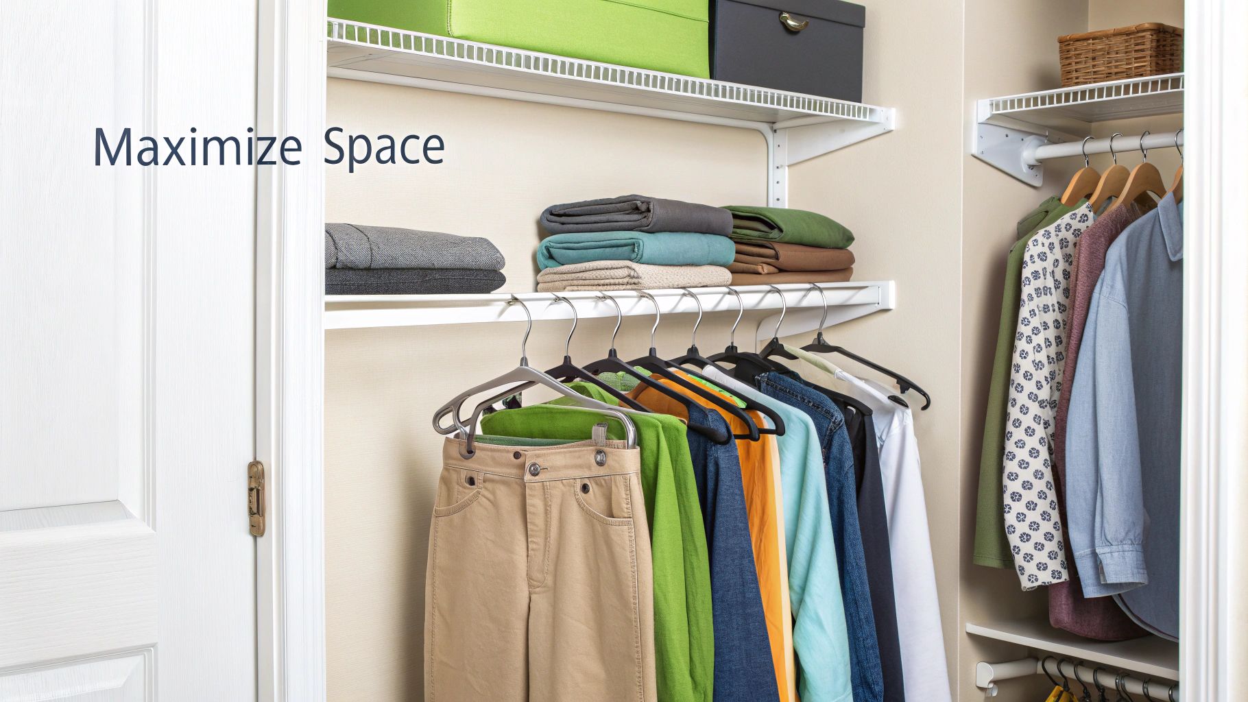 Closet with organized shelves and hanging clothes