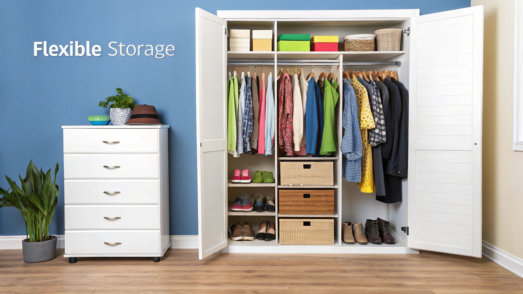 A collection of colorful scarves neatly hung on shower curtain rings on a closet rod.