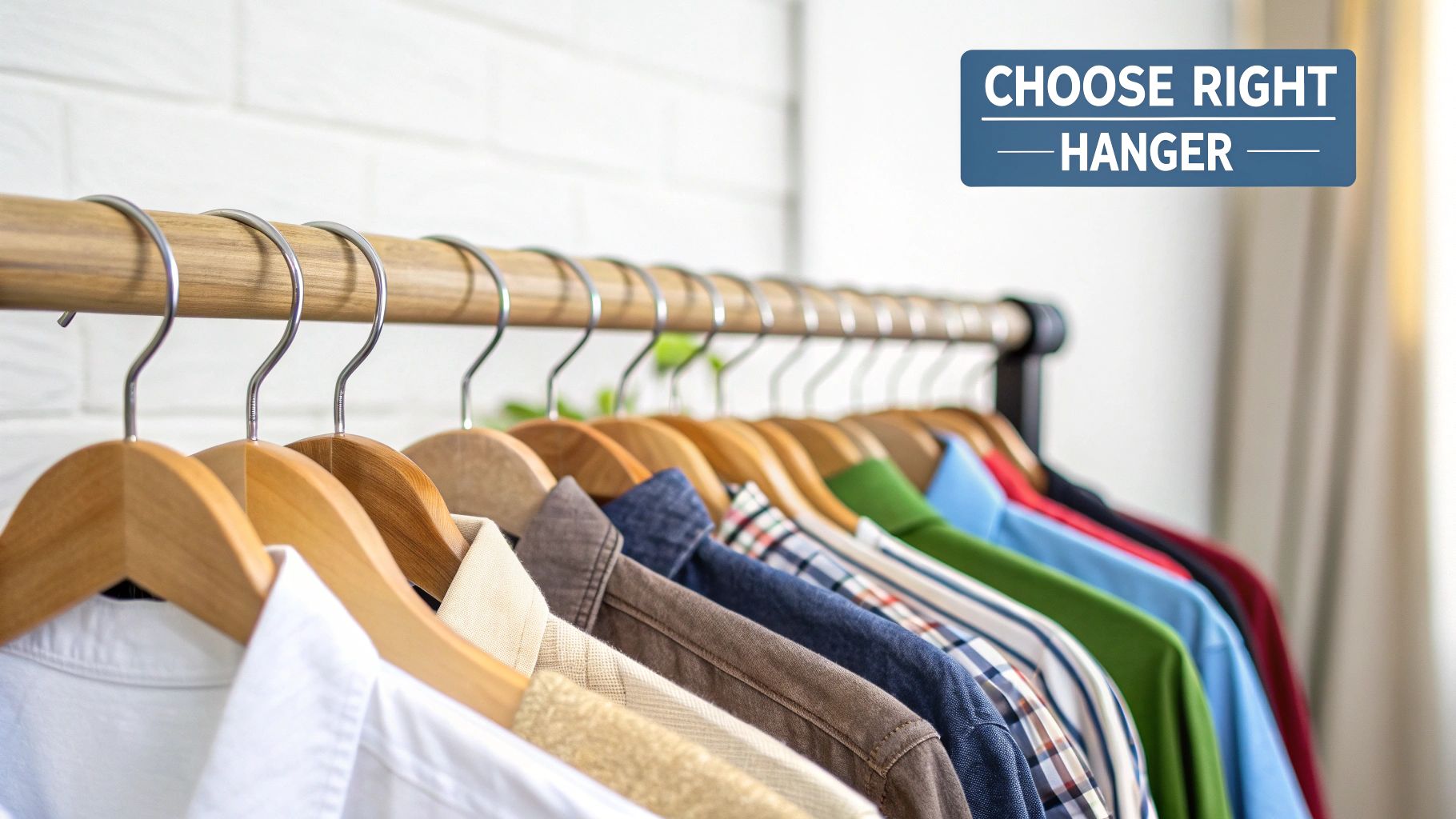 A close-up of various colorful shirts hanging neatly on wooden hangers on a clothes rack, with the text 'CHOOSE RIGHT HANGER'.