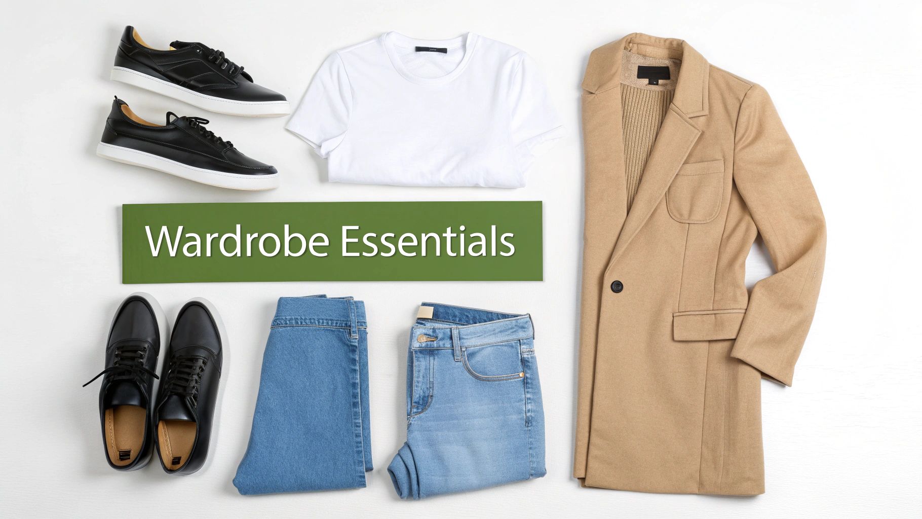 A flat lay of versatile wardrobe essentials including black shoes, a white t-shirt, blue jeans, and a tan coat.