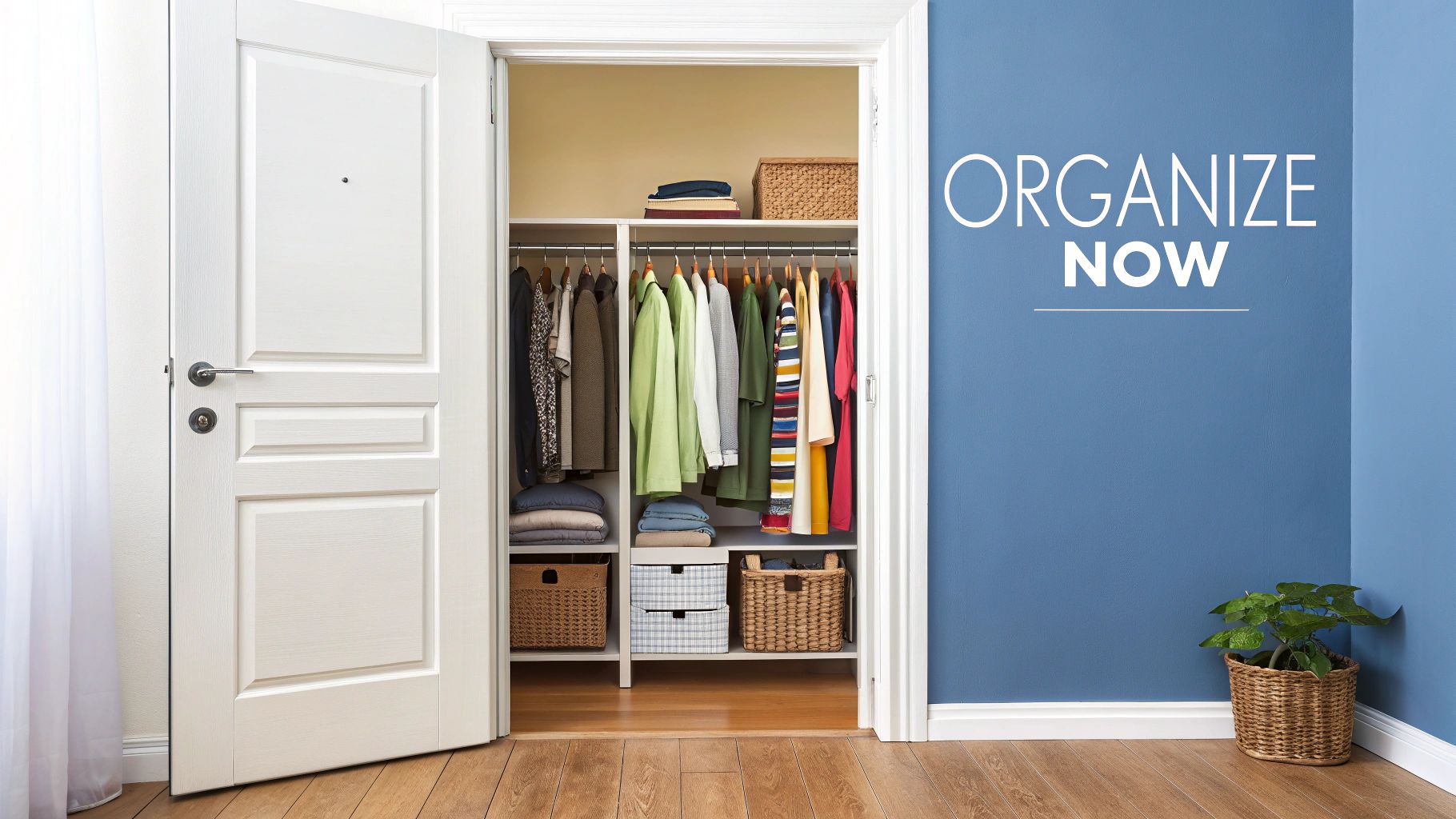 An open, organized closet showcasing clothes on hangers, folded items, and storage baskets on shelves.