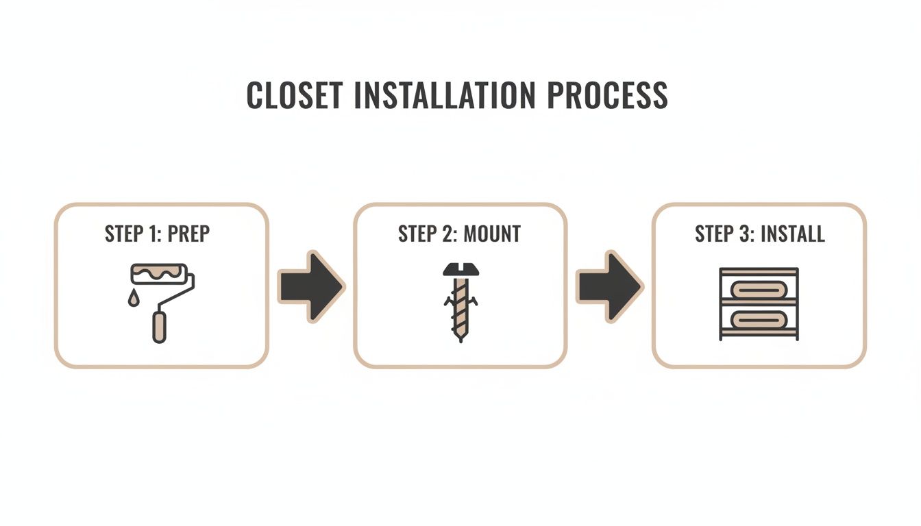 Visual guide for closet installation process showing prep, mount, and install steps with icons.