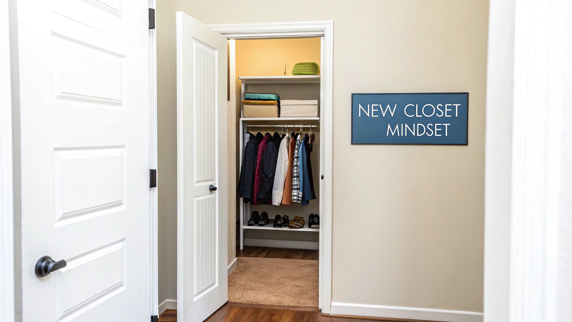 A person happily organizing clothes in a bright, tidy closet.