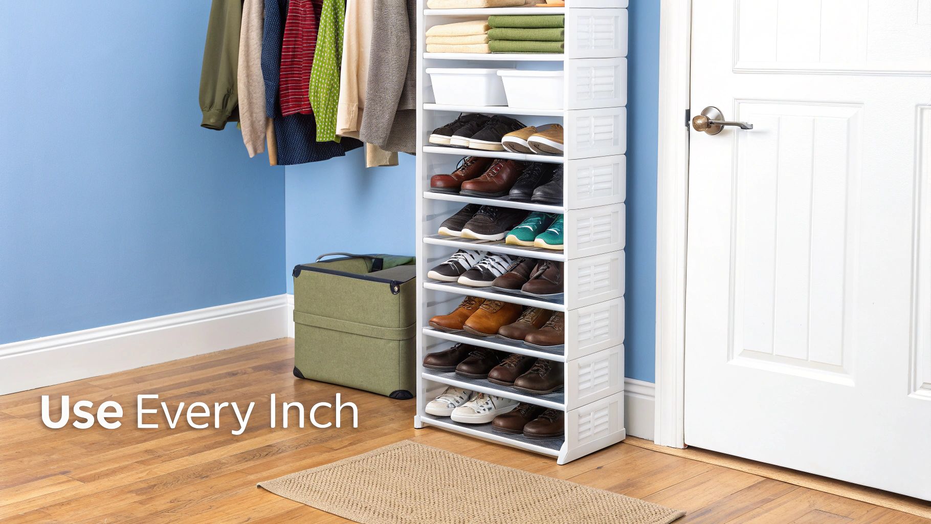 A well-organized closet corner featuring a tall white shoe rack, various shoes, hanging clothes, and storage bins.