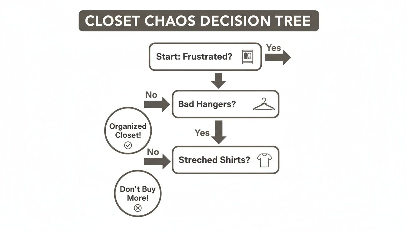 A closet chaos decision tree flowchart helping with organization, asking about frustration, bad hangers, and stretched shirts.