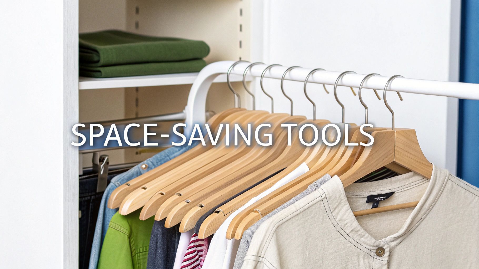A neatly organized closet with various clothes on wooden hangers and folded items on a shelf, highlighting space-saving tools.
