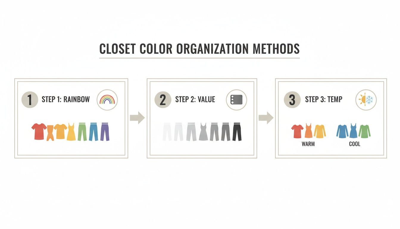 An infographic illustrating three closet color organization methods: rainbow, value, and temperature categories.