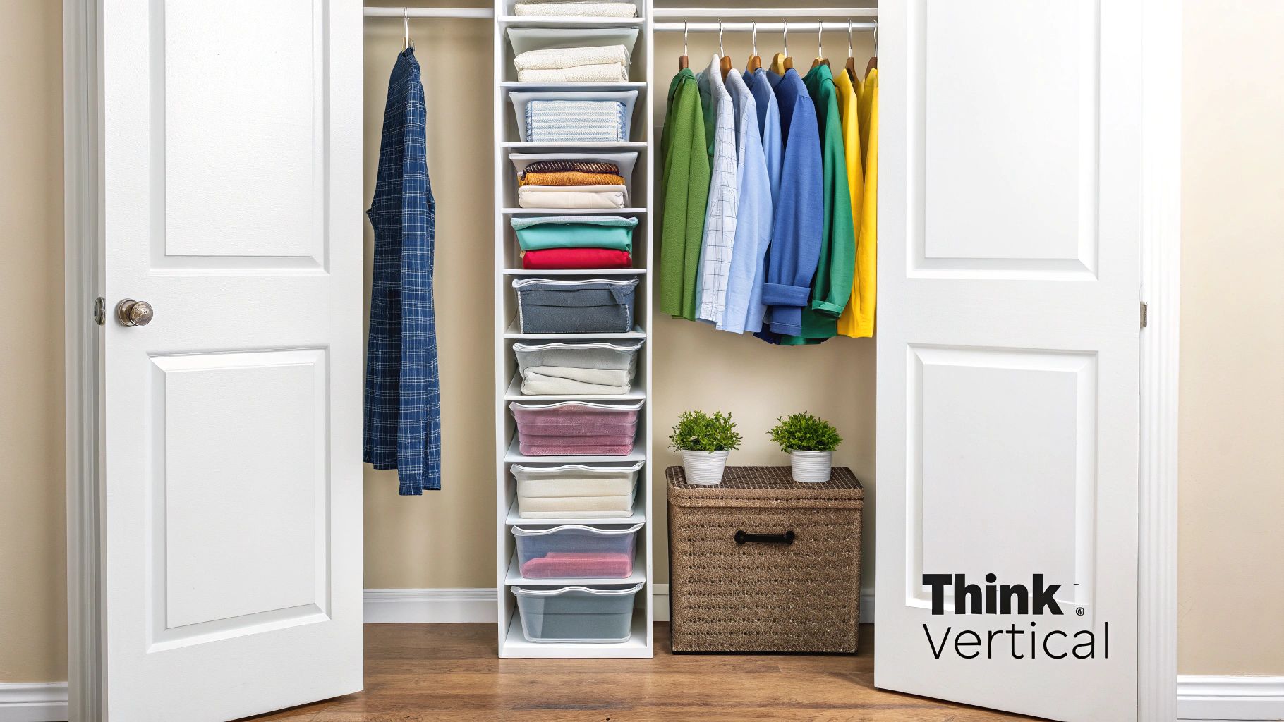 An open closet featuring a white vertical shelving unit, hanging clothes, and a woven storage bin.