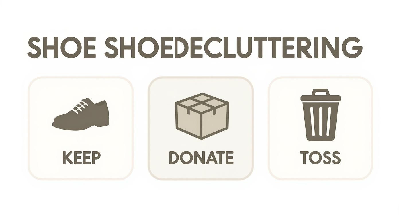 An infographic showing shoe decluttering options with icons: keep, donate, or toss.
